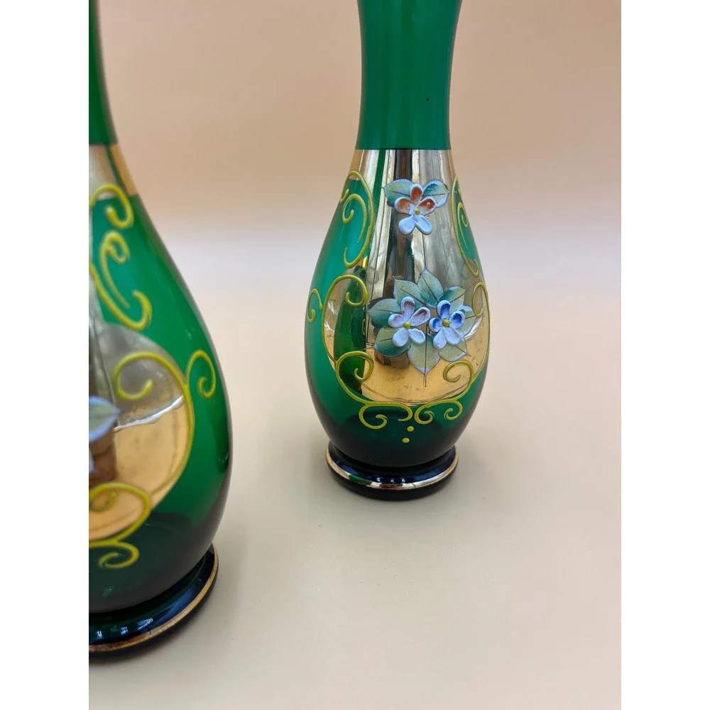 Vintage Royal Sealy Bud Vase Set: Green Glass Bohemian Floral Decor